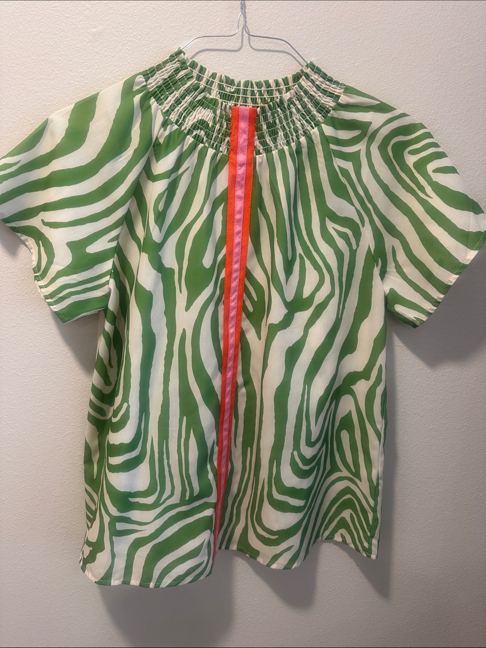 THML Green Zebra-Print Smocked Neck Top with Coral Trim